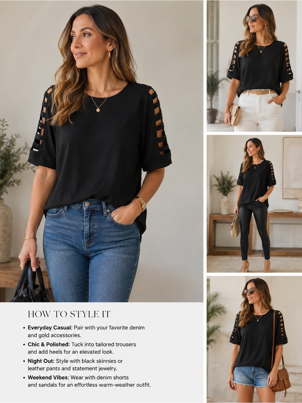 Michael Kors Black Short-Sleeve Top with Ladder Sleeve Details